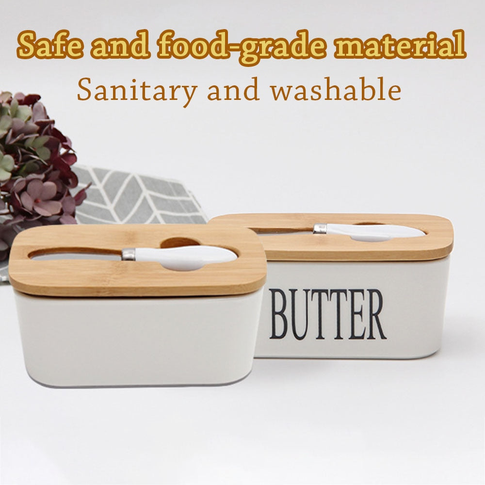Ceramic Butter Box with Oak Lid and Knife Storage by HitMyNeed