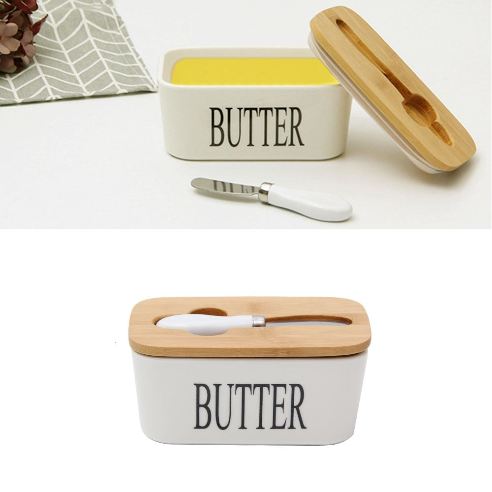 Ceramic Butter Box with Oak Lid and Knife Storage by HitMyNeed