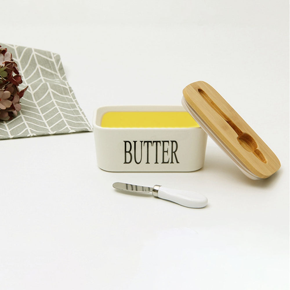 Ceramic Butter Box with Oak Lid and Knife Storage by HitMyNeed