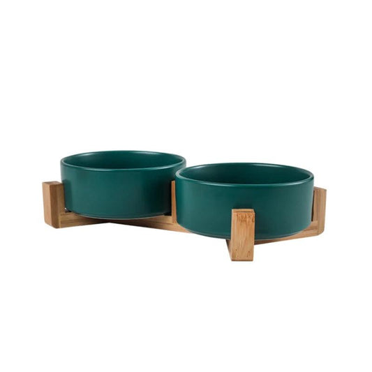 Ceramic Dog Bowls with Wooden Stand, 2 x 400ml 2green by HitMyNeed