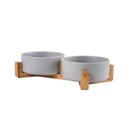 Ceramic Dog Bowls with Wooden Stand, 2 x 400ml 2grey by HitMyNeed