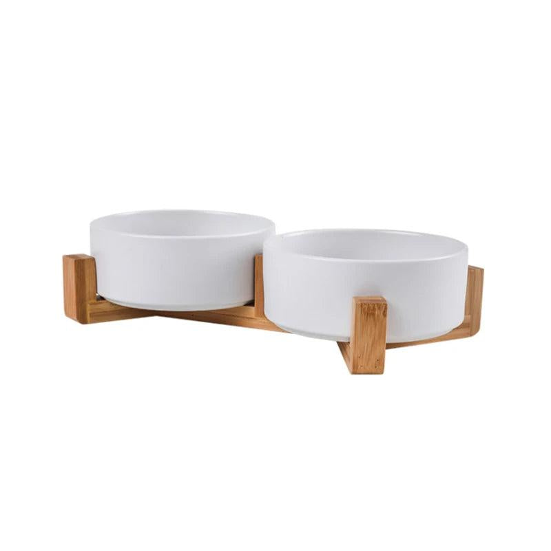 Ceramic Dog Bowls with Wooden Stand, 2 x 400ml 2white by HitMyNeed