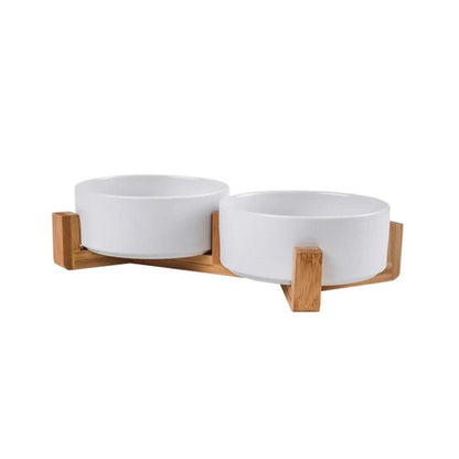 Ceramic Dog Bowls with Wooden Stand, 2 x 400ml 2white by HitMyNeed