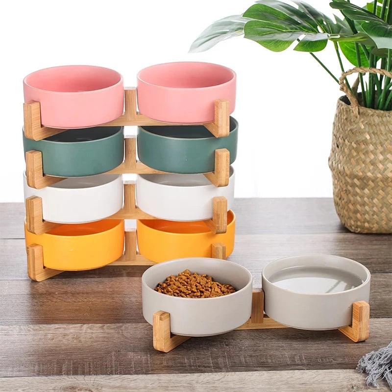 Ceramic Dog Bowls with Wooden Stand, 2 x 400ml by HitMyNeed