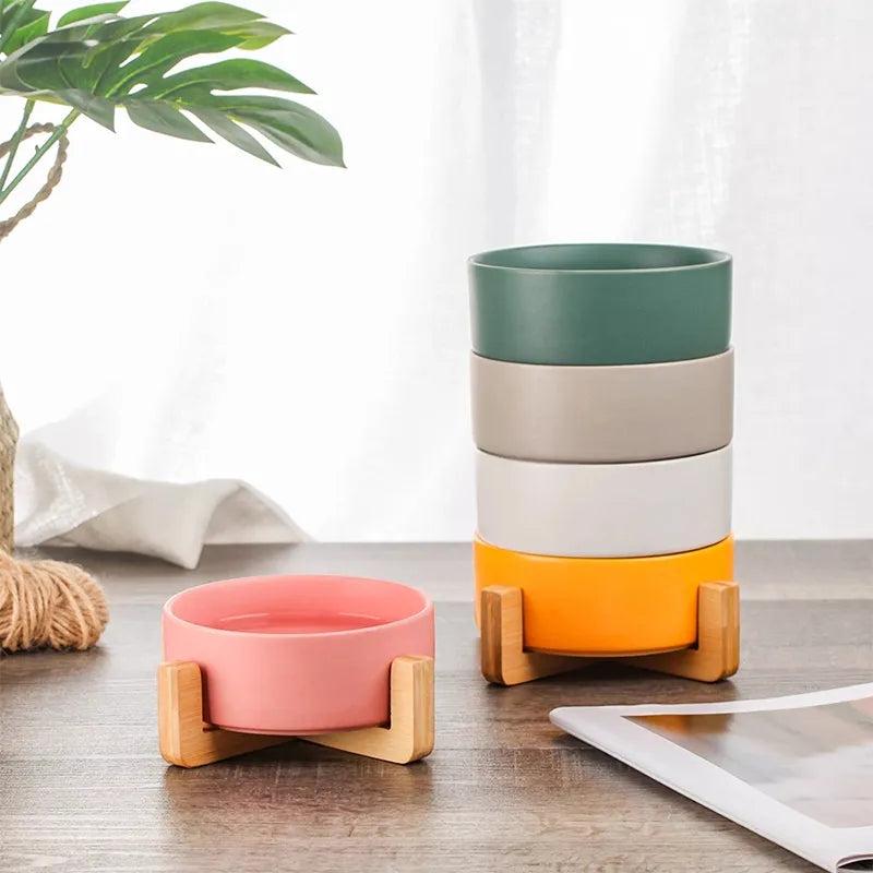 Ceramic Dog Bowls with Wooden Stand, 2 x 400ml by HitMyNeed