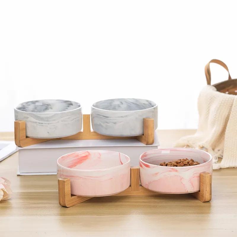 Ceramic Dog Bowls with Wooden Stand, 2 x 400ml by HitMyNeed