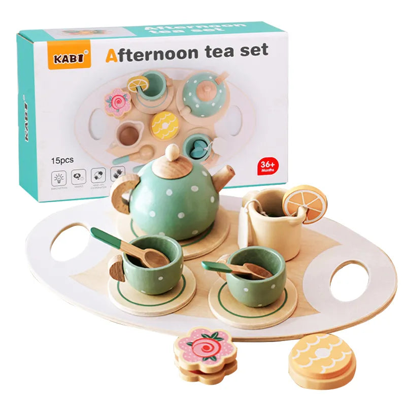 Children's Wooden Tea Set Toy with Tray & Accessories by HitMyNeed