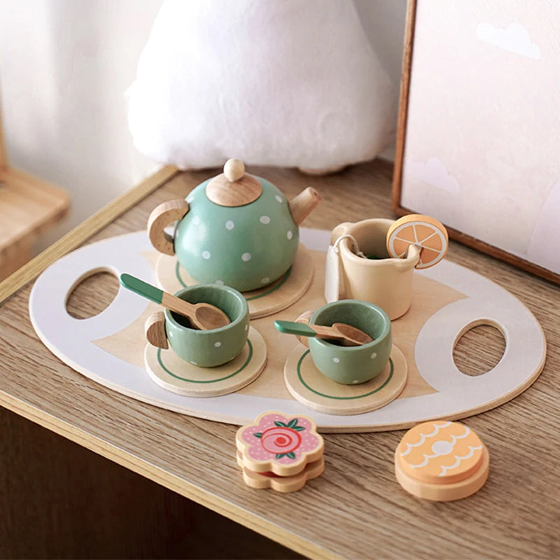 Children's Wooden Tea Set Toy with Tray & Accessories by HitMyNeed