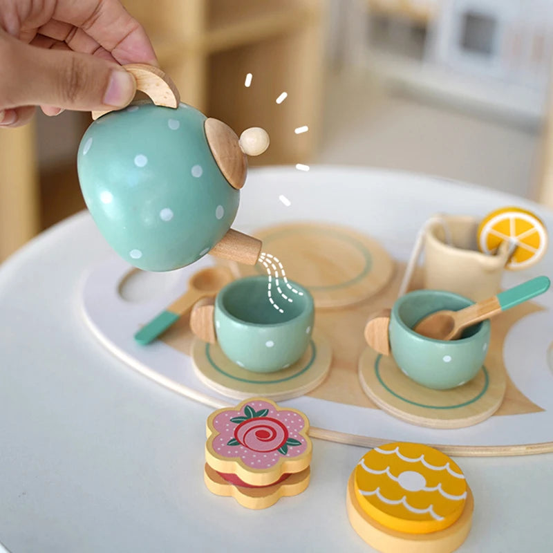 Children's Wooden Tea Set Toy with Tray & Accessories by HitMyNeed