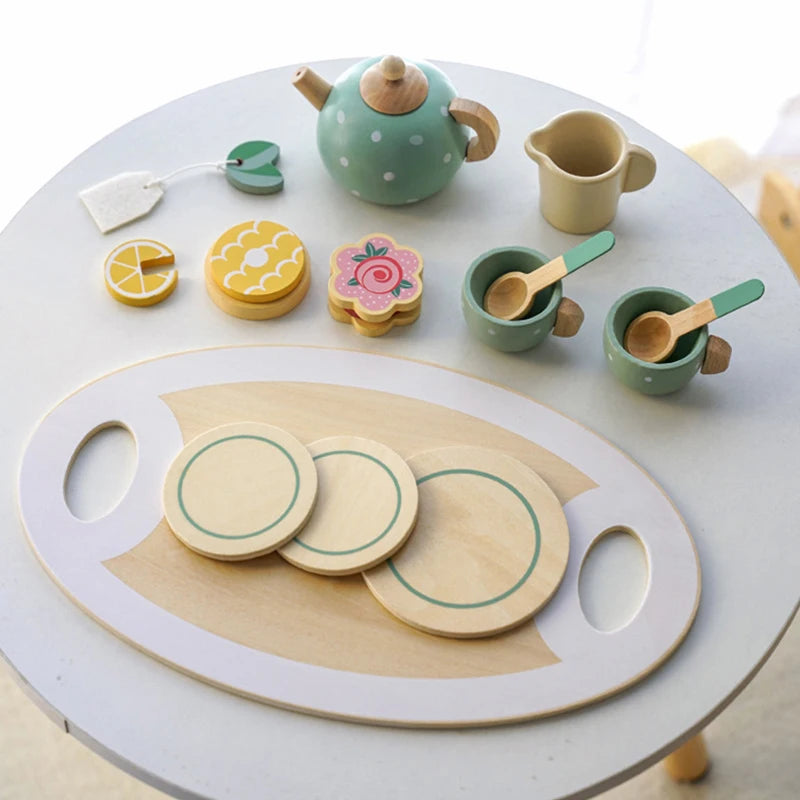 Children's Wooden Tea Set Toy with Tray & Accessories by HitMyNeed