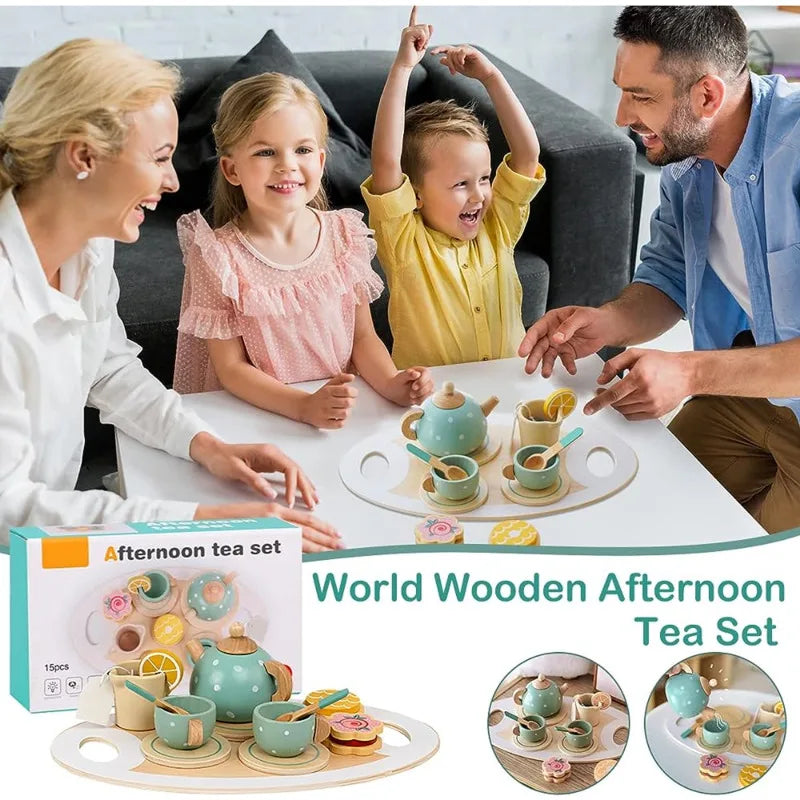 Children's Wooden Tea Set Toy with Tray & Accessories by HitMyNeed