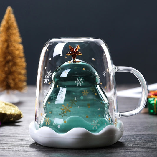 Christmas Double-Wall Glass Coffee Mug with Lid by HitMyNeed