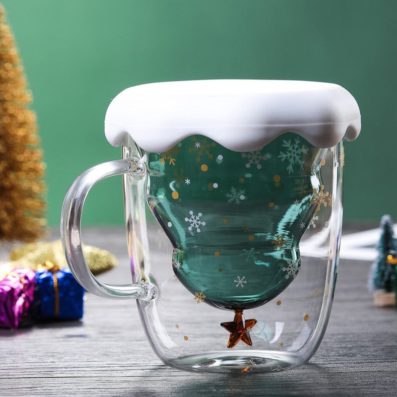 Christmas Double-Wall Glass Coffee Mug with Lid by HitMyNeed