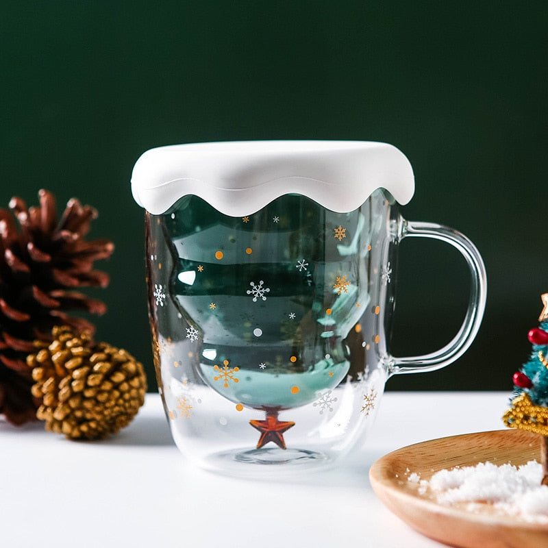 Christmas Tree Double Wall Glass Mug with Lid 300ml by HitMyNeed