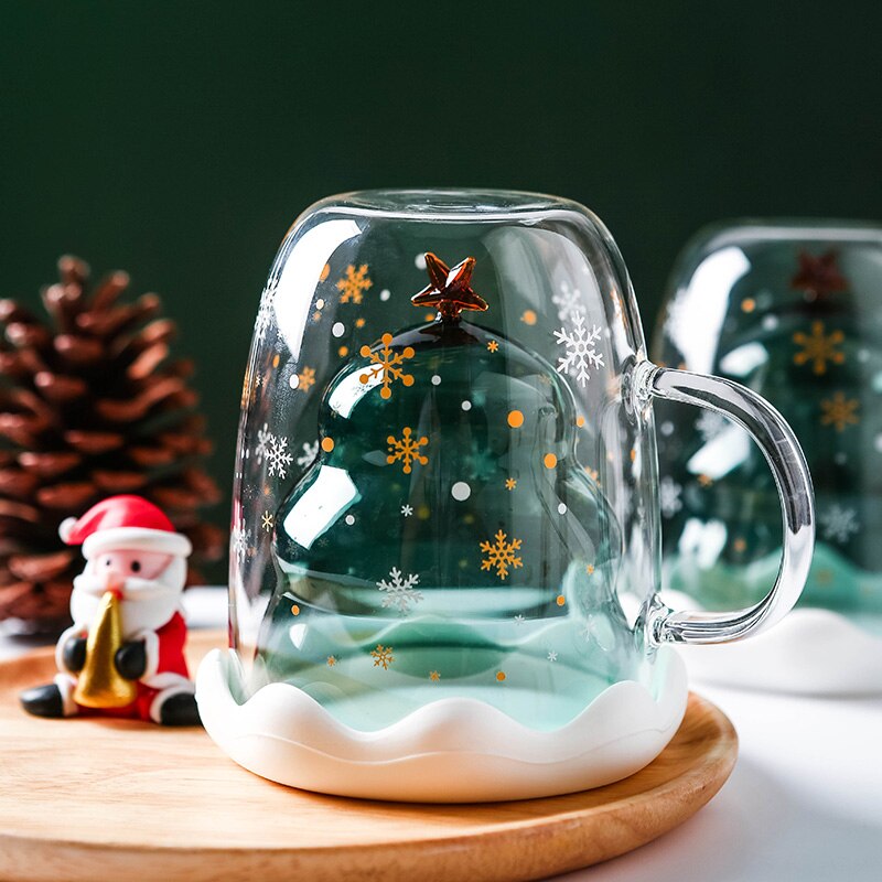 Christmas Tree Double Wall Glass Mug with Lid 300ml by HitMyNeed