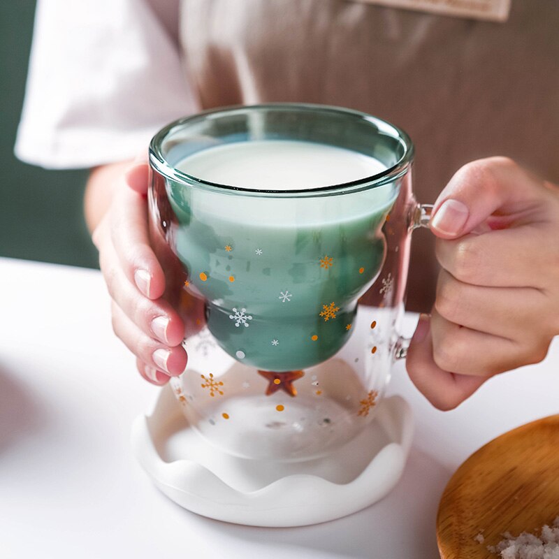 Christmas Tree Double Wall Glass Mug with Lid 300ml by HitMyNeed