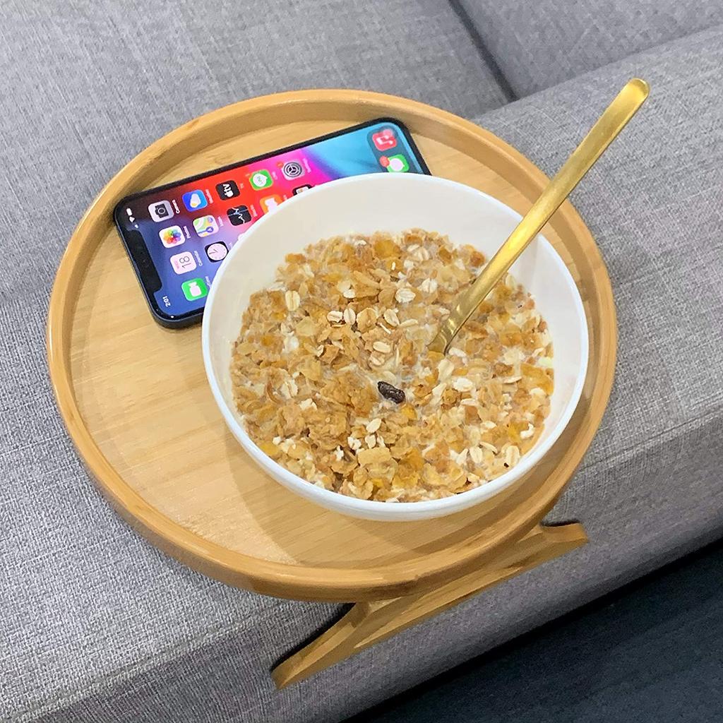 Clamp-On Round Wooden Sofa Arm Tray by HitMyNeed