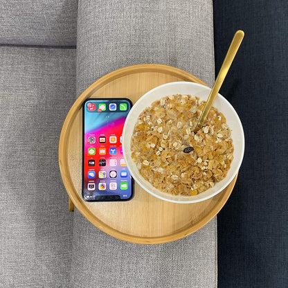 Clamp-On Round Wooden Sofa Arm Tray by HitMyNeed