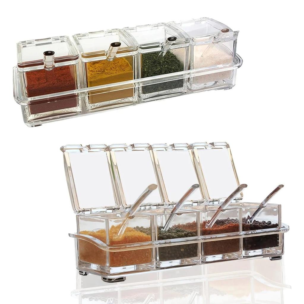 Clear Seasoning Box Set of 4 with Spoons and Rack by HitMyNeed