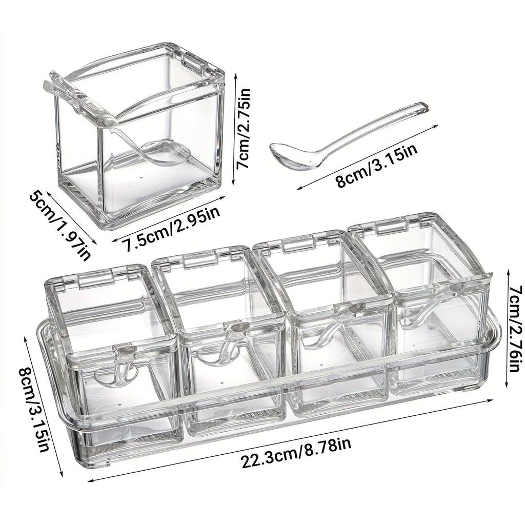 Clear Seasoning Box Set of 4 with Spoons and Rack by HitMyNeed