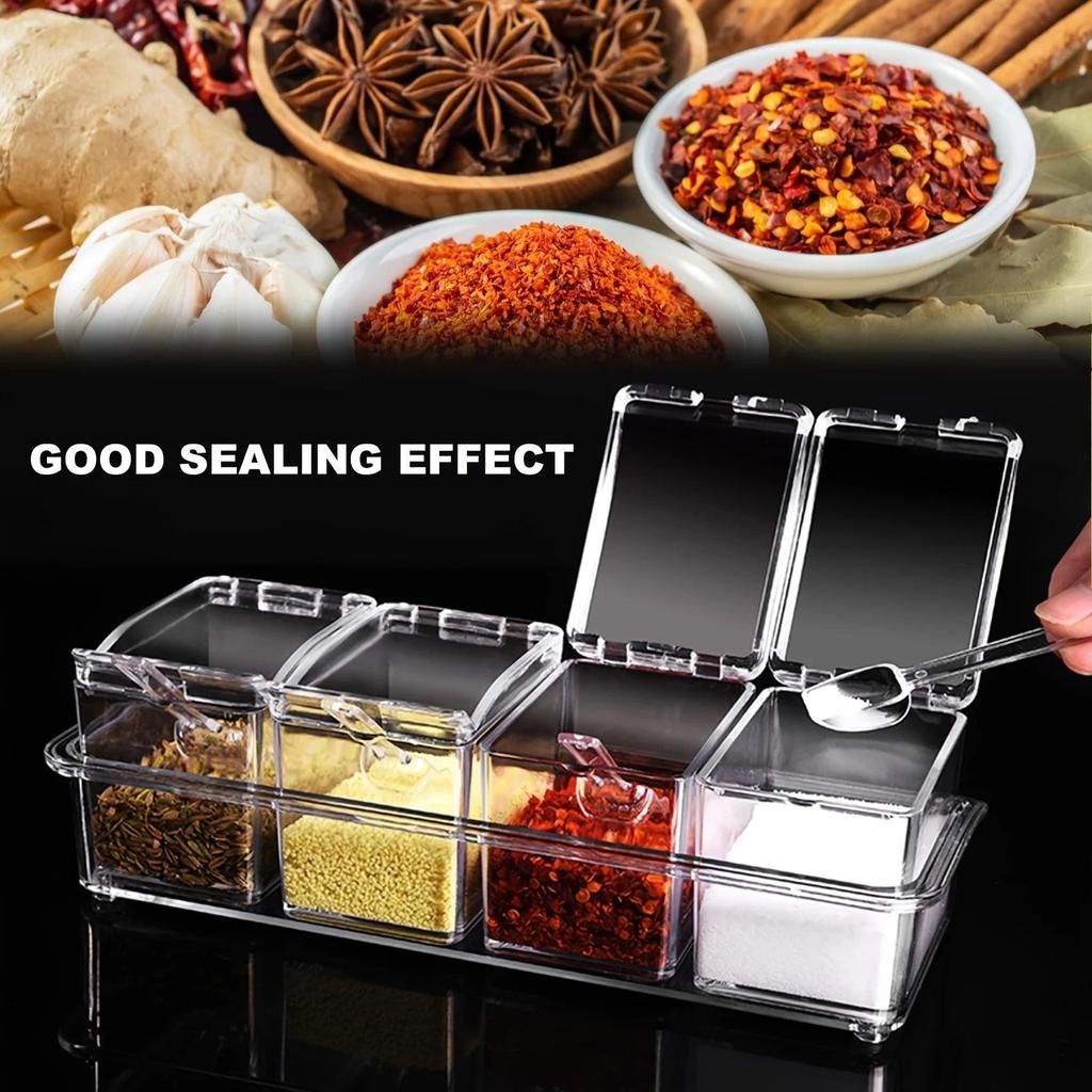 Clear Seasoning Box Set of 4 with Spoons and Rack by HitMyNeed
