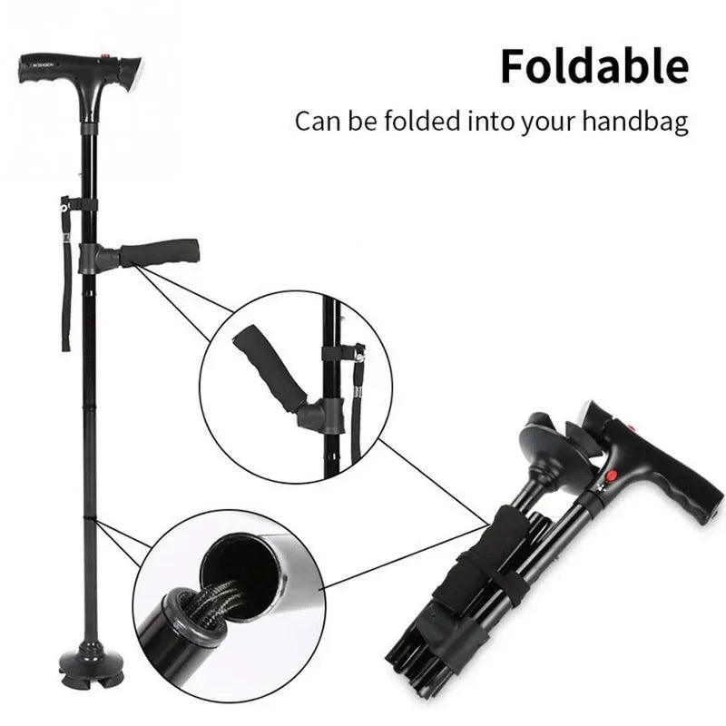Collapsible LED Walking Cane with Alarm & Quad Base by HitMyNeed
