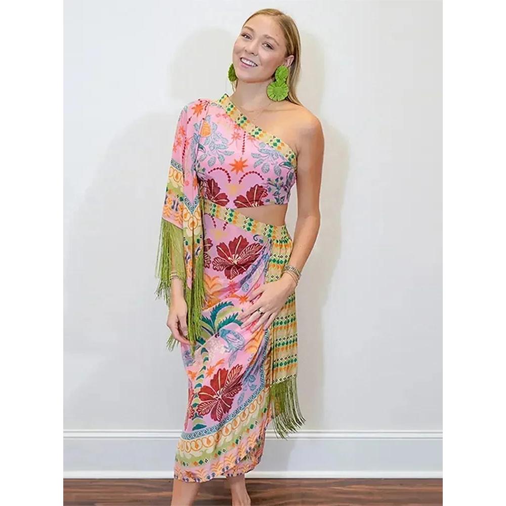 Colorful One Shoulder Tassel Midi Dress by HitMyNeed