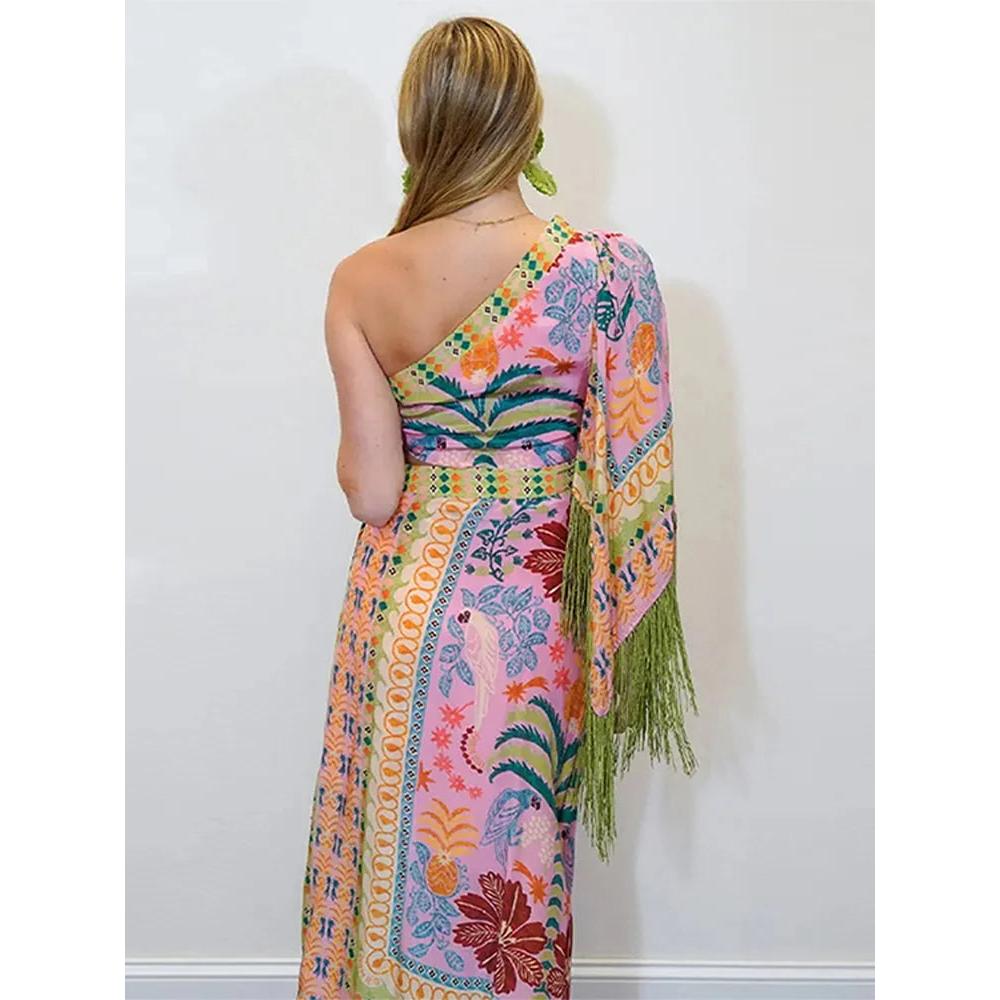 Colorful One Shoulder Tassel Midi Dress by HitMyNeed