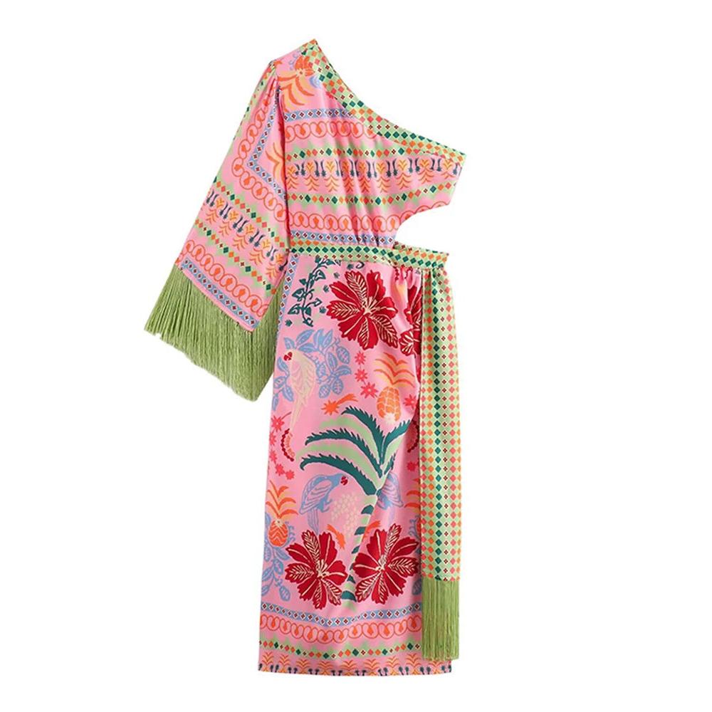 Colorful One Shoulder Tassel Midi Dress by HitMyNeed