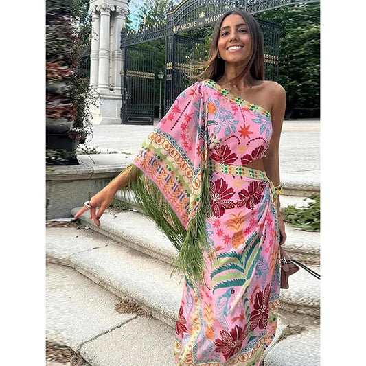 Colorful One Shoulder Tassel Midi Dress l by HitMyNeed