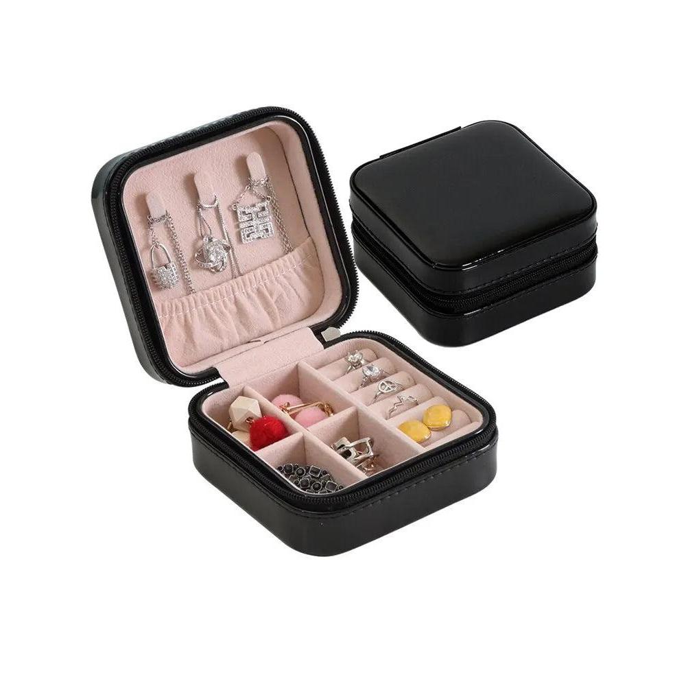 Compact Leather Travel Jewelry Organizer Box black by HitMyNeed