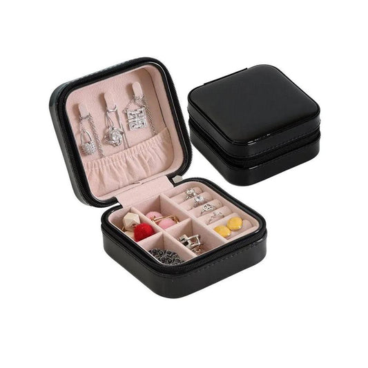Compact Leather Travel Jewelry Organizer Box black by HitMyNeed