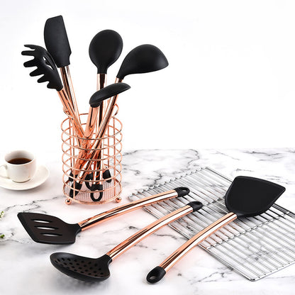 Copper Silicone Kitchen Utensil Set with Holder by HitMyNeed