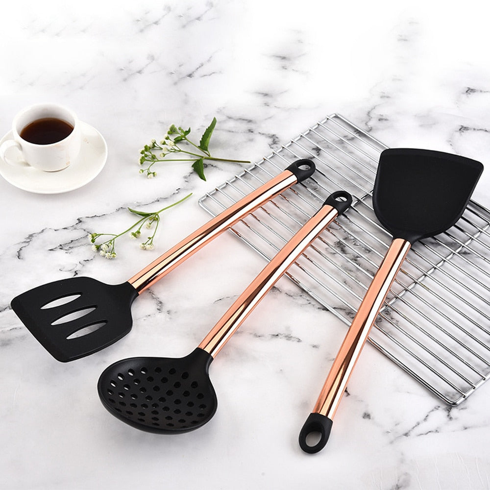 Copper Silicone Kitchen Utensil Set with Holder by HitMyNeed