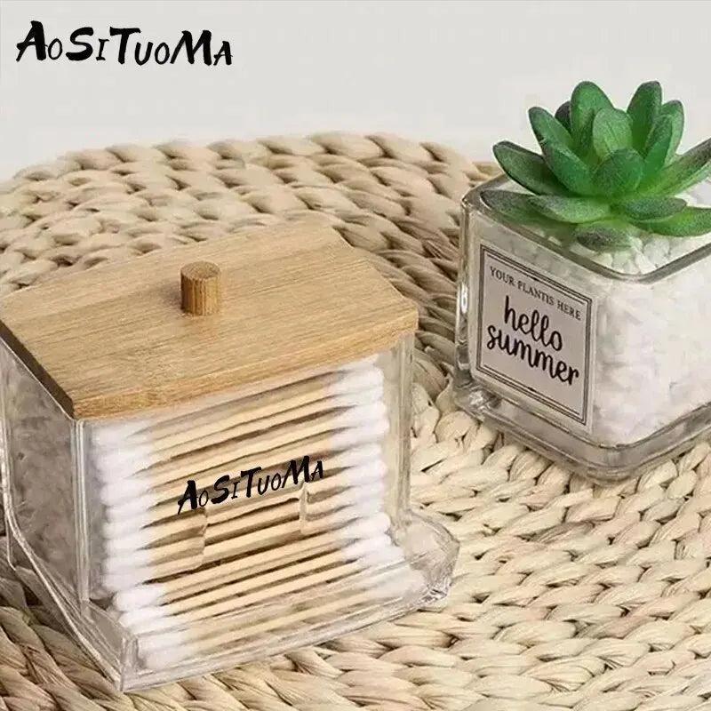 Cotton Swab & Pad Holder with Wood Lid by HitMyNeed