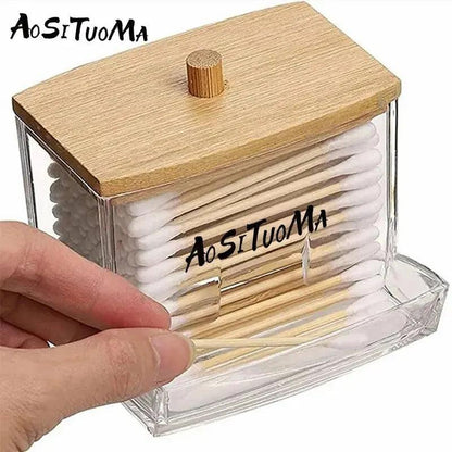 Cotton Swab & Pad Holder with Wood Lid by HitMyNeed