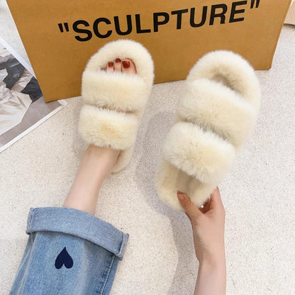 Cozy Women's Fluffy Double-Strap Slippers beige 35.0 by HitMyNeed