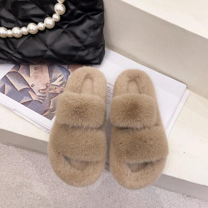 Cozy Women's Fluffy Double-Strap Slippers khaki 39.0 by HitMyNeed