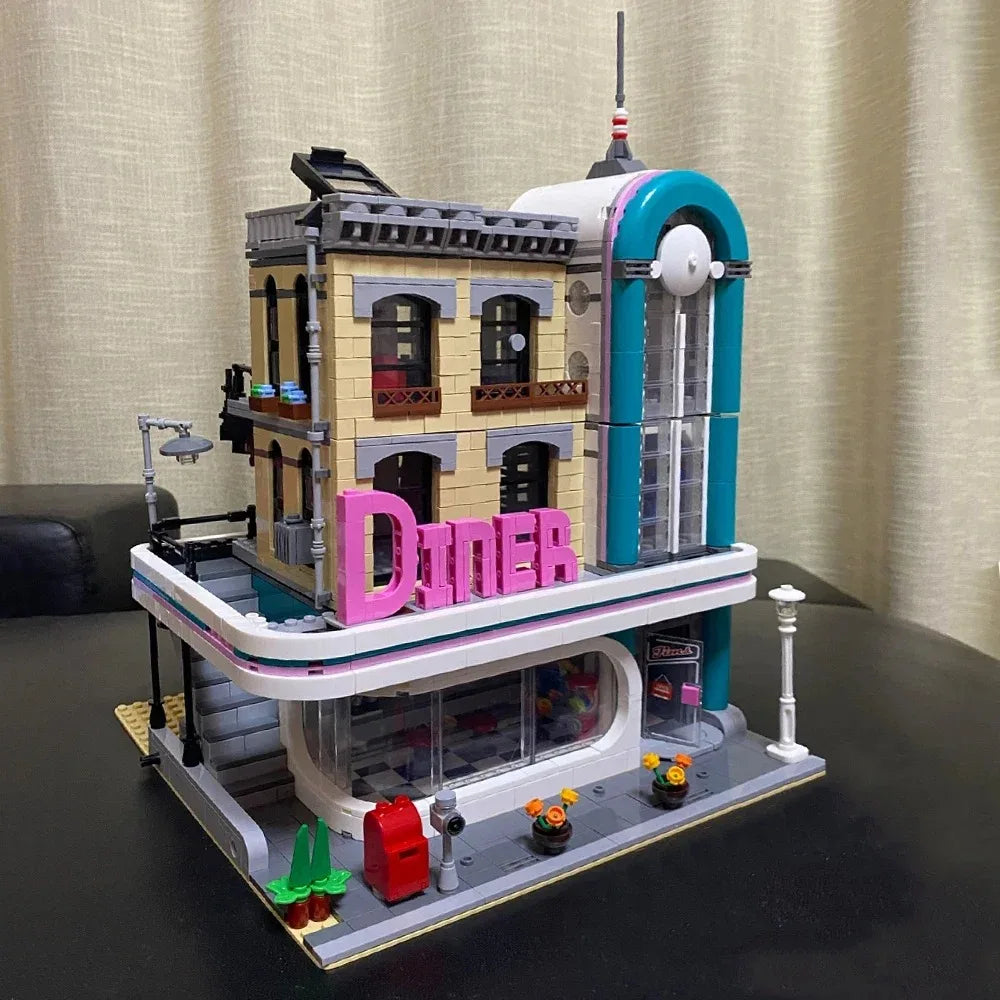 Creator Street Brick Bank & Corner Cafe Building Set downtown-diner by HitMyNeed