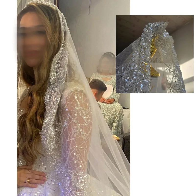 Crystal Pearl Cathedral Lace Wedding Veil with Comb off-white 350cm by HitMyNeed