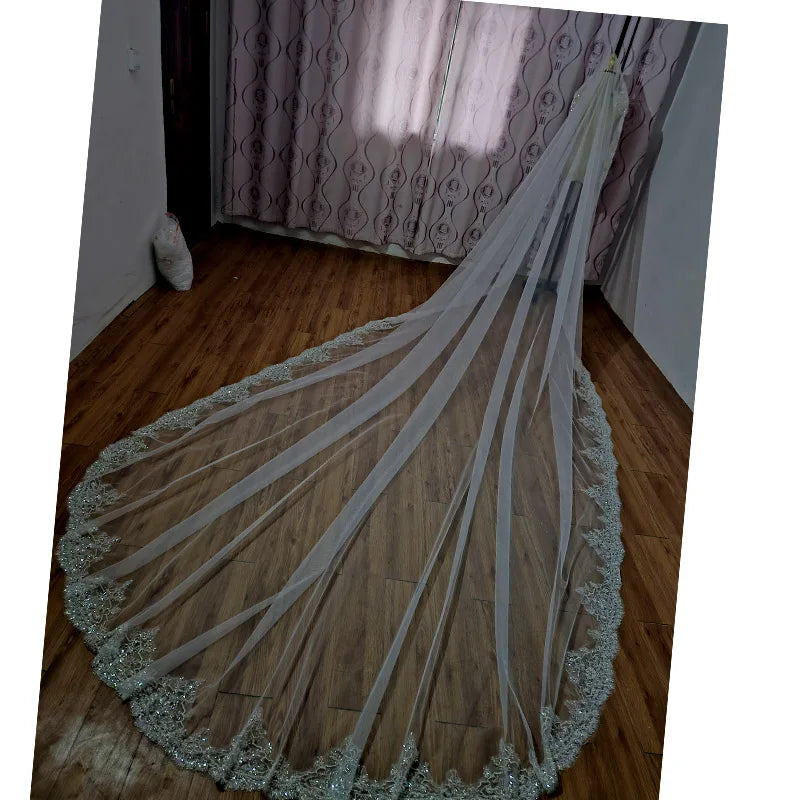 Crystal Pearl Cathedral Lace Wedding Veil with Comb white 300cm by HitMyNeed