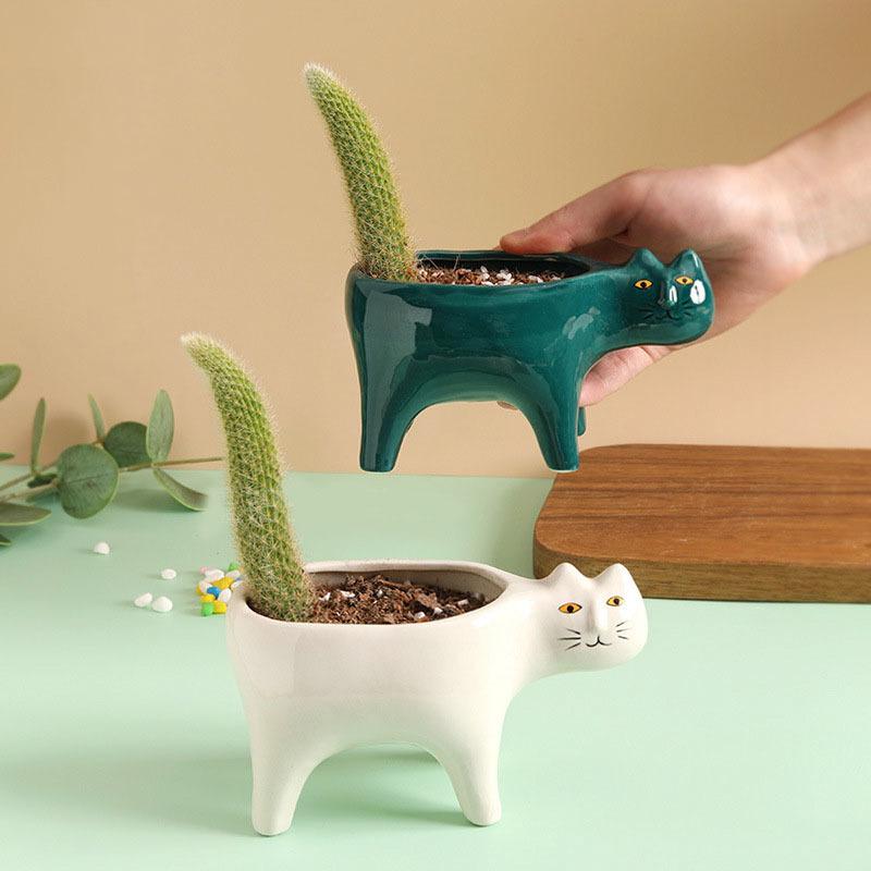 Cute Ceramic Cat Planter Pot for Small Plants by HitMyNeed