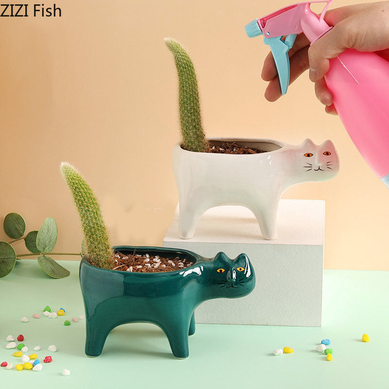 Cute Ceramic Cat Planter Pot for Small Plants by HitMyNeed