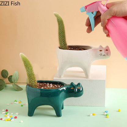 Cute Ceramic Cat Planter Pot for Small Plants by HitMyNeed