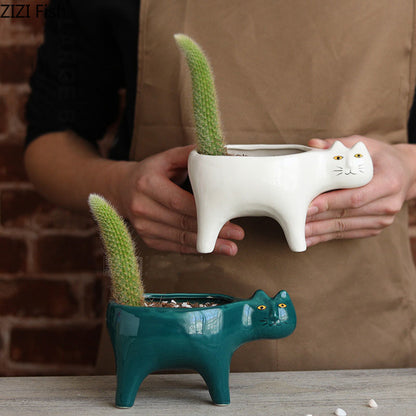 Cute Ceramic Cat Planter Pot for Small Plants by HitMyNeed