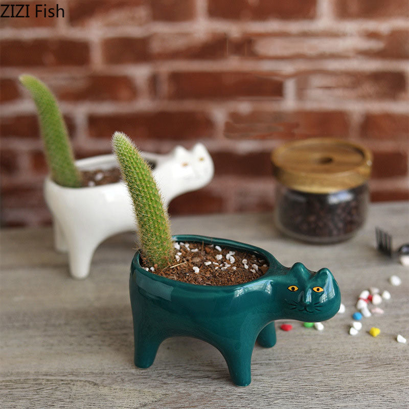Cute Ceramic Cat Planter Pot for Small Plants by HitMyNeed