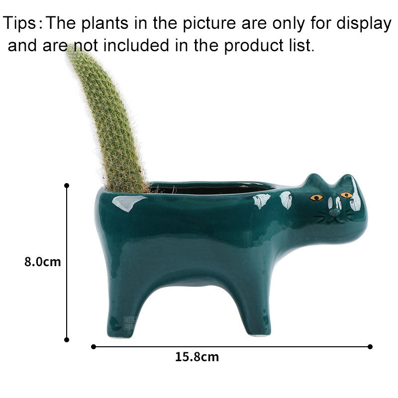 Cute Ceramic Cat Planter Pot for Small Plants green by HitMyNeed