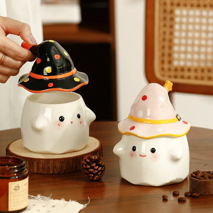 Cute Ceramic Ghost Coffee Mug with Wizard Hat Lid by HitMyNeed