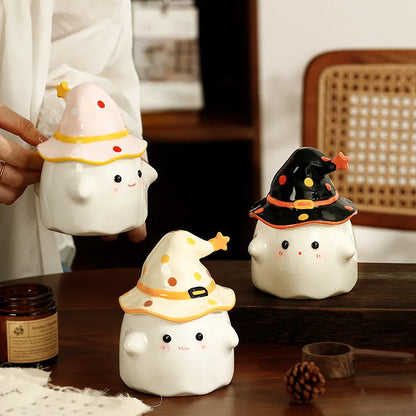 Cute Ceramic Ghost Coffee Mug with Wizard Hat Lid by HitMyNeed