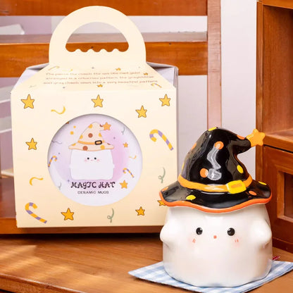 Cute Ceramic Ghost Coffee Mug with Wizard Hat Lid by HitMyNeed